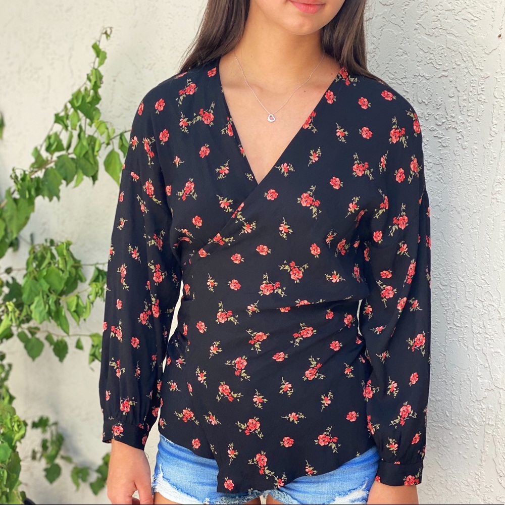 Zara | Black Floral Long Sleeve Wrap Top - Picture 2 of 4